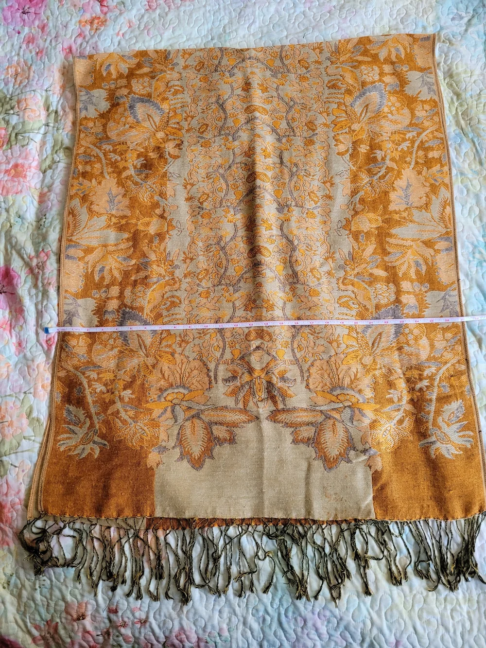 Reversible Ochre Floral Woven Shawl Scarf Fringe Wrap